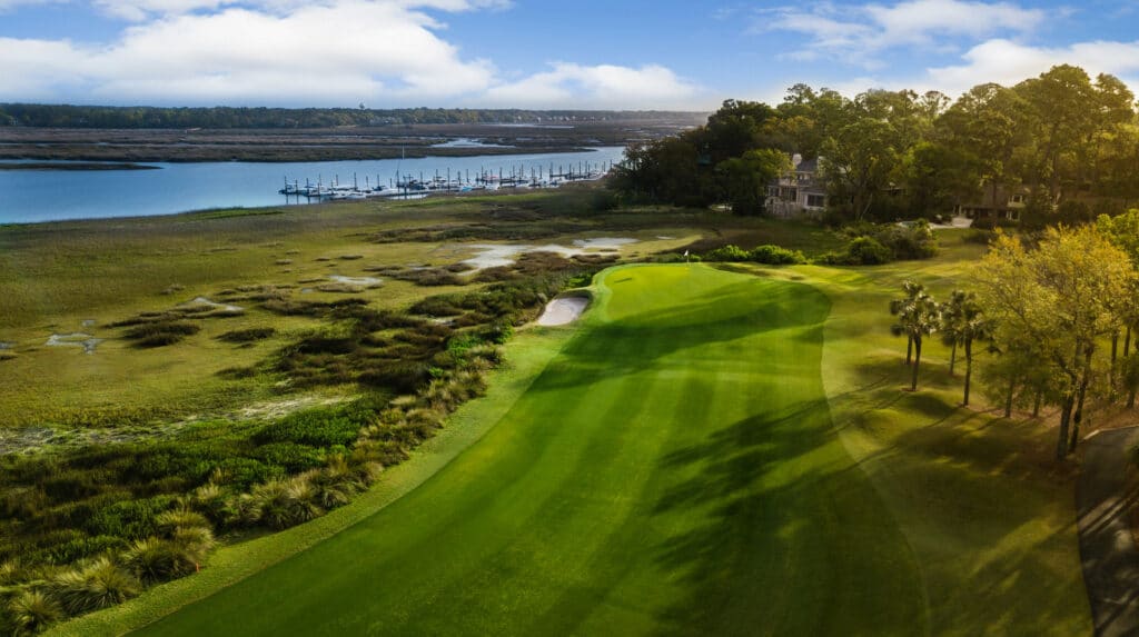 Overhead view of lush golf course at Long Cove Club on Hilton Head Island