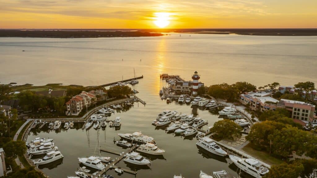 Overhead view of the bay of Sea Pines Resort at sunset